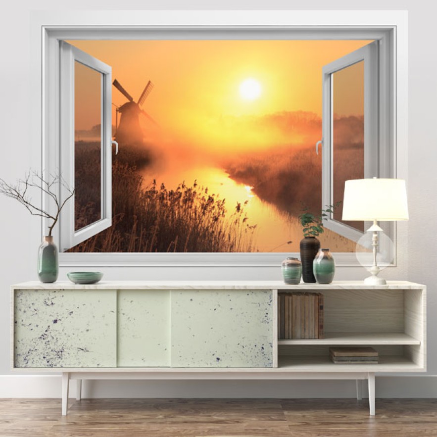 Vinilos adhesivos ventana 3d atardecer molino holanda