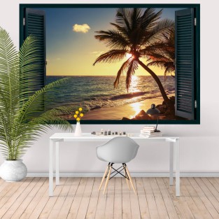 Vinilo efecto ventana 3d atardecer en la playa Vinilo efecto ventana 3d atardecer en la playa