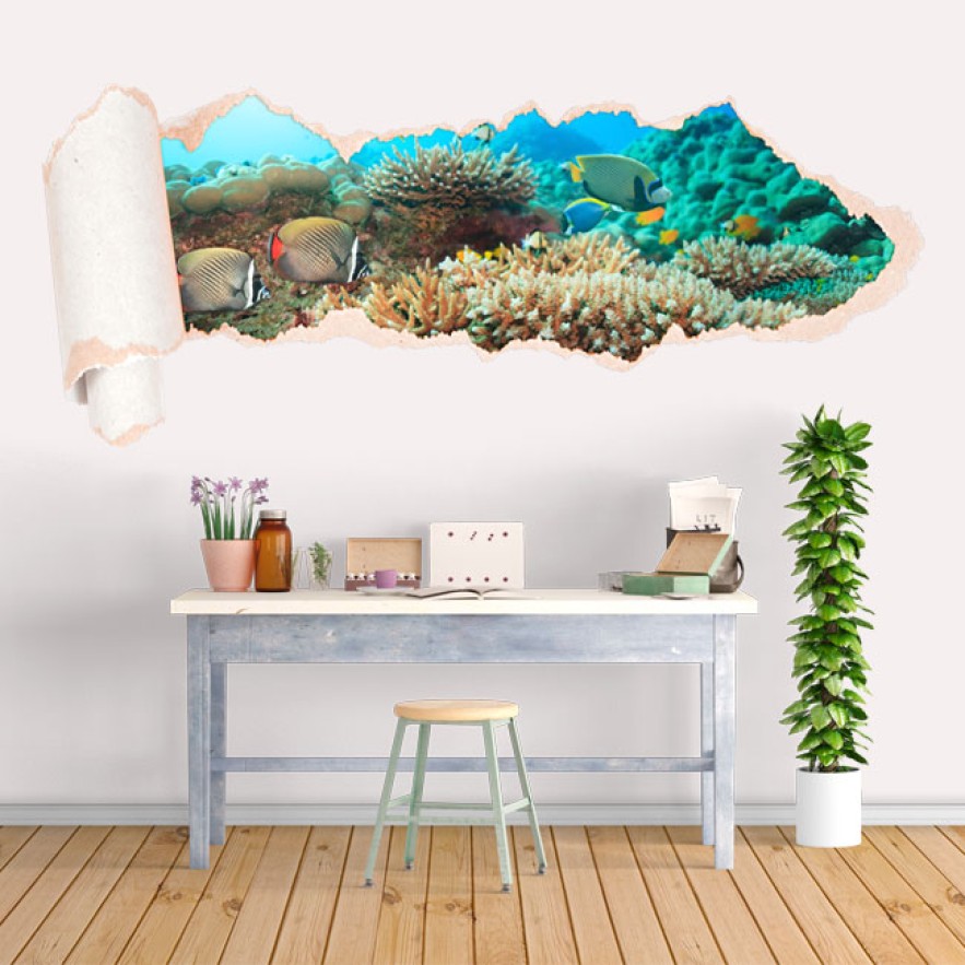Vinilo peces arrecife de coral efecto papel rasgado 3d