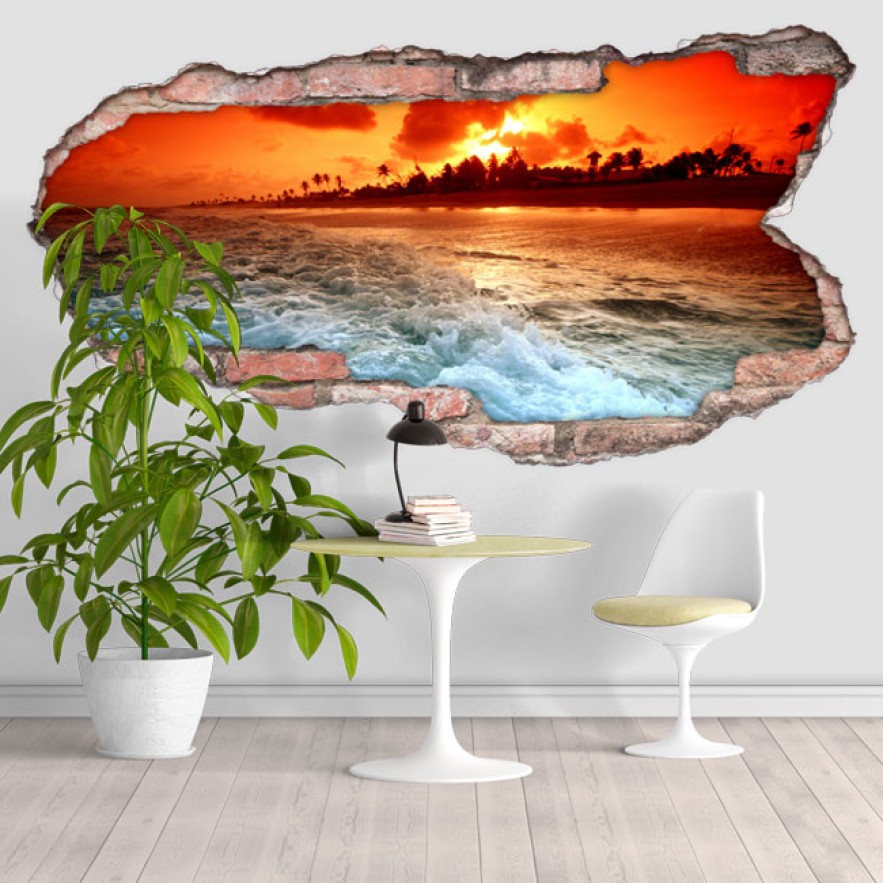 Vinilo agujero 3d playa al atardecer