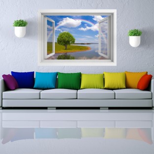Vinilos ventana 3d paisaje de árbol con arcoíris Vinilos ventana 3d paisaje de árbol con arcoíris