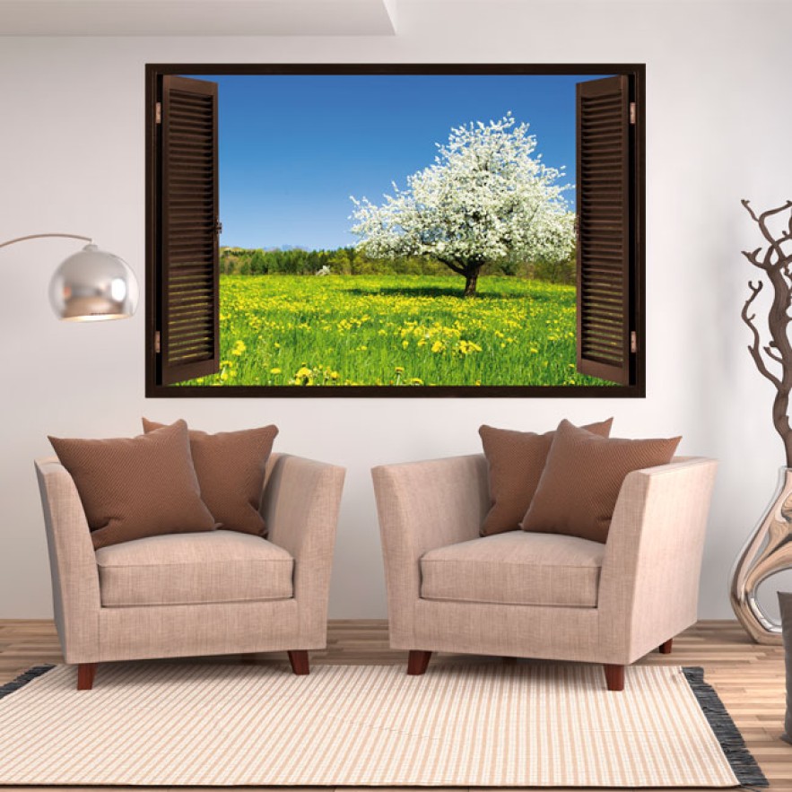 Vinilos ventana árbol flor de cerezo 3d