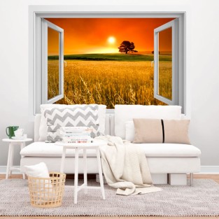 Vinilos efecto ventana 3d árboles en el campo al atardecer Vinilos efecto ventana 3d árboles en el campo al atardecer