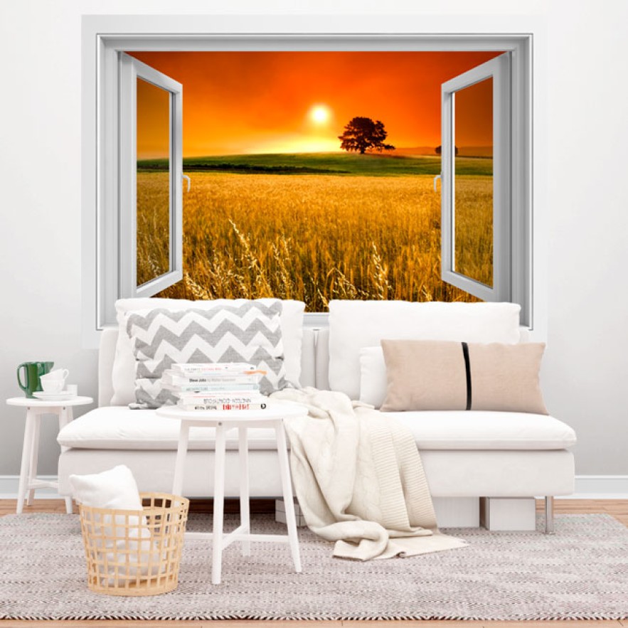 Vinilos efecto ventana 3d árboles en el campo al atardecer