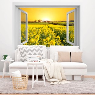 Vinilos ventana 3d atardecer en un campo de flores Vinilos ventana 3d atardecer en un campo de flores