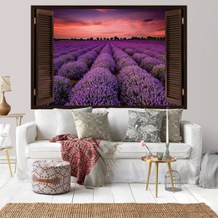 Vinilos ventana 3d atardecer en el campo de lavanda Vinilos ventana 3d atardecer en el campo de lavanda
