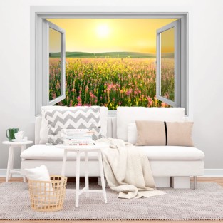 Vinilos efecto ventana 3d atardecer flores campo Vinilos efecto ventana 3d atardecer flores campo