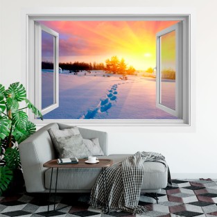 Vinilos ventana 3d atardecer invierno en las montañas