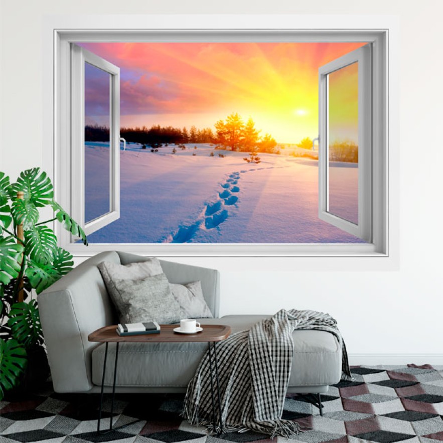 Vinilos ventana 3d atardecer invierno en las montañas