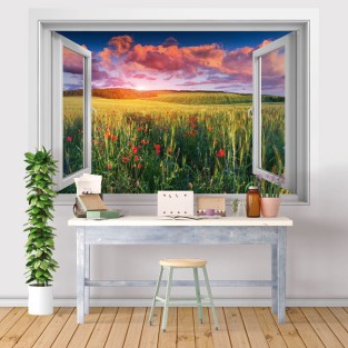 Vinilos ventanas 3d amapolas en el campo al atardecer Vinilos ventanas 3d amapolas en el campo al atardecer