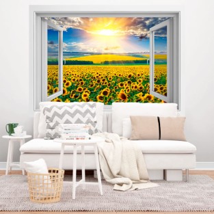 Vinilos ventana 3d atardecer campo de girasoles Vinilos ventana 3d atardecer campo de girasoles