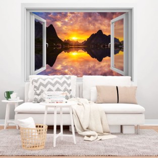 Vinilos efecto ventanas 3d atardecer en fiordo noruega