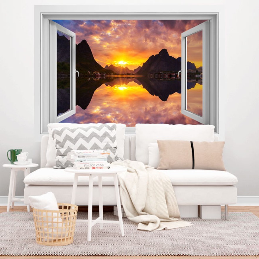 Vinilos efecto ventanas 3d atardecer en fiordo noruega