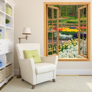 Vinilos efecto ventana 3d a jardín flores y tulipanes Vinilos efecto ventana 3d a jardín flores y tulipanes