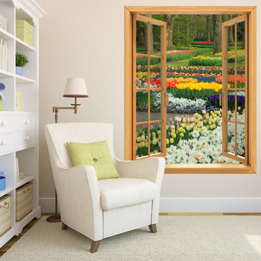 Vinilos efecto ventana 3d a jardín flores y tulipanes