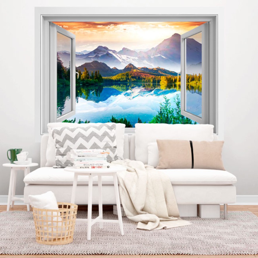Vinilos efecto ventana 3d puesta de sol lago y montañas