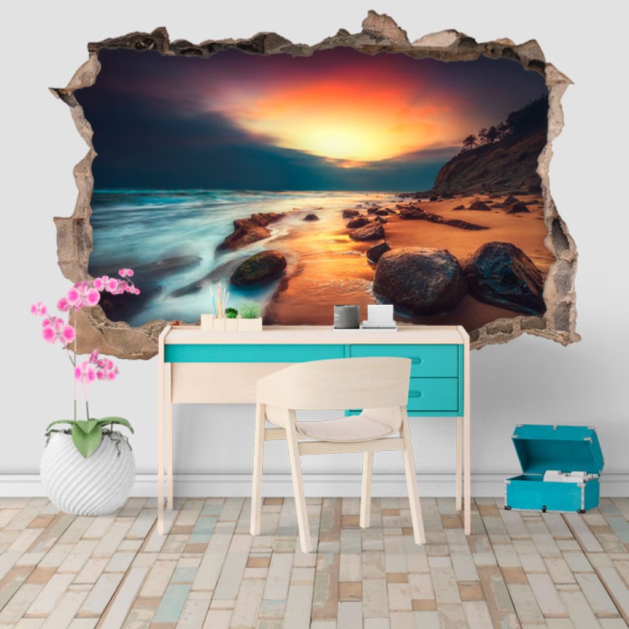 Vinilos agujeros 3d amanecer en la playa