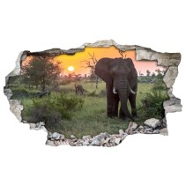 Vinilo agujero 3d elefante atardecer en áfrica