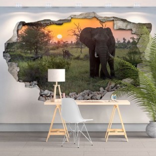 Vinilo agujero 3d elefante atardecer en áfrica