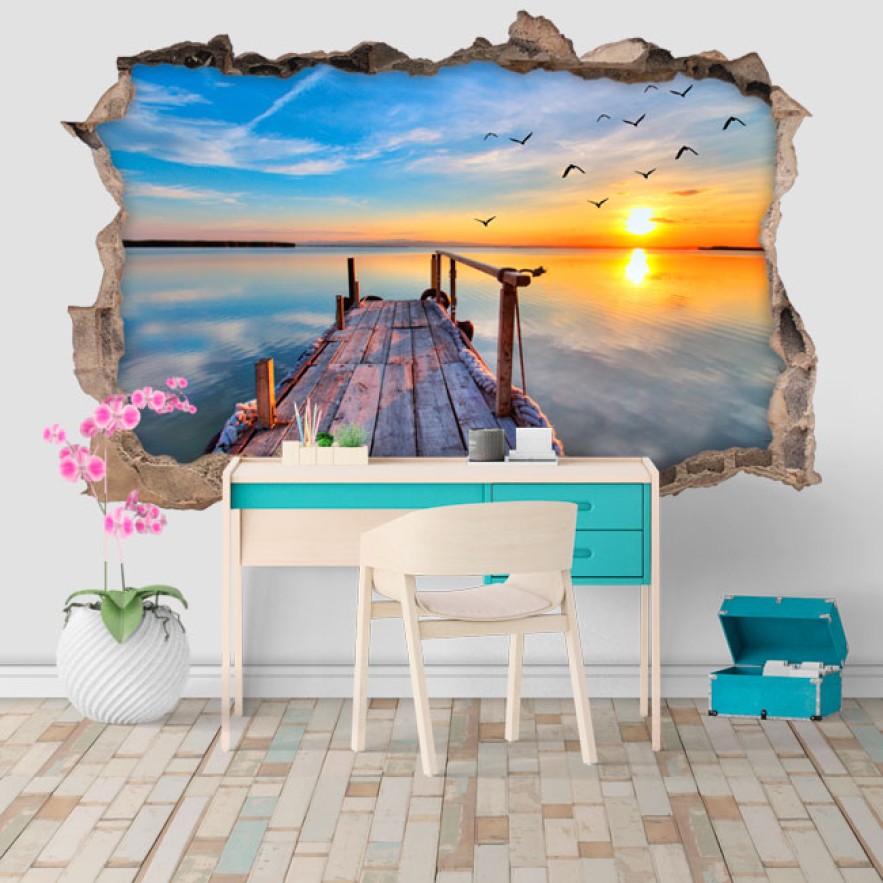 Vinilos agujeros 3d puesta de sol en el lago