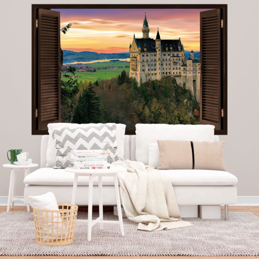 Vinilos ventana 3d paisaje castillo de neuschwanstein