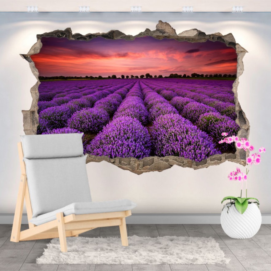 Vinilos agujero 3d atardecer en el campo de lavanda