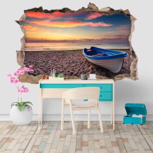 Vinilos agujero 3d atardecer con barca en la playa Vinilos agujero 3d atardecer con barca en la playa