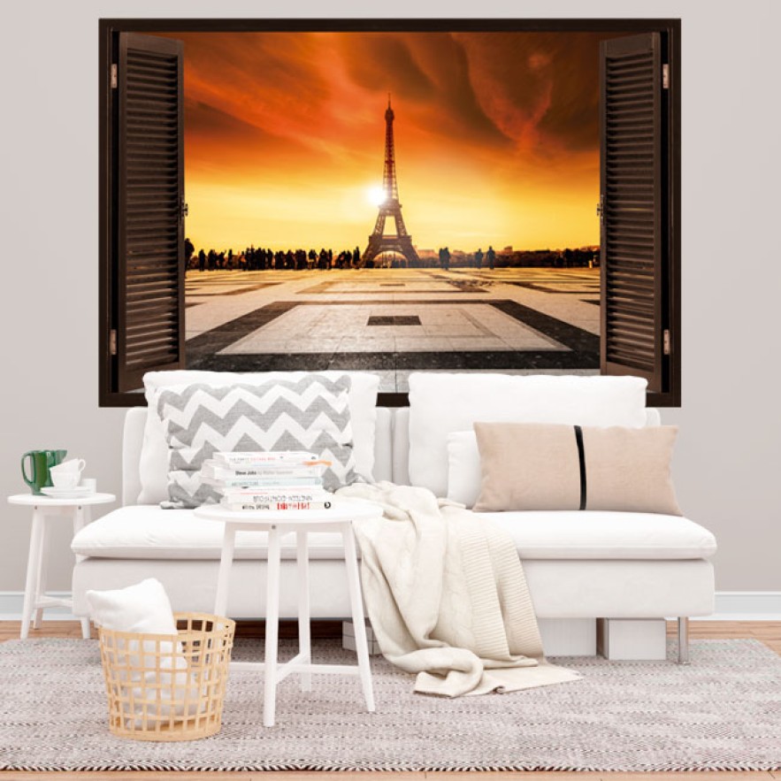Vinilos ventana 3d atardecer parís torre eiffel