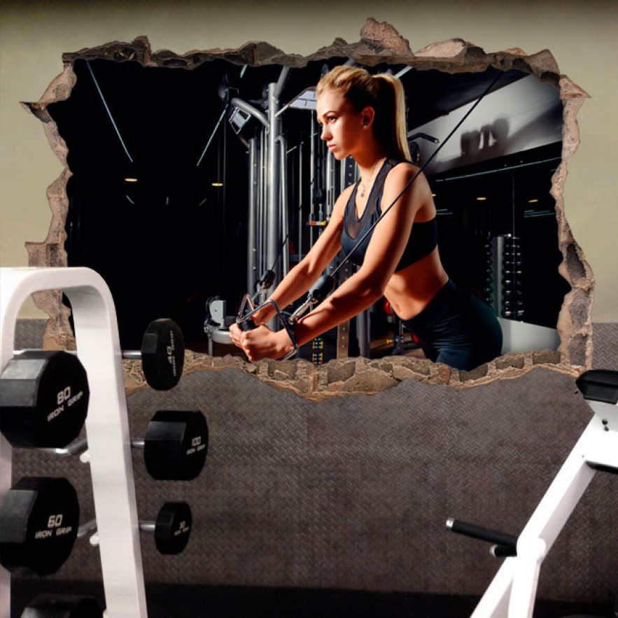 Vinilos agujero 3d decoración gimnasios fitness mujer entrenando