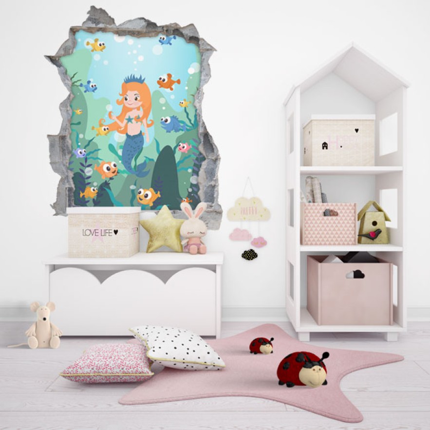 Vinilos infantiles agujero 3d sirenita con peces