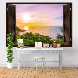 Vinilos efecto ventana 3d puesta de sol en el mar Vinilos efecto ventana 3d puesta de sol en el mar