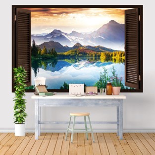 Vinilos ventana 3d puesta de sol lago y montañas
