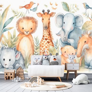 Fotomural o papel pintado infantil animales acuarela