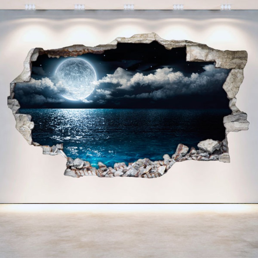 Vinilo agujero 3d paisaje mar y luna