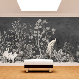 Fotomural o papel pintado dibujo clásico plantas y aves gris
