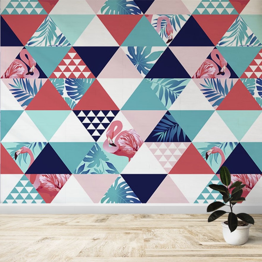 Fotomural Patrón Triángulos con Flamencos y plantas tropicales