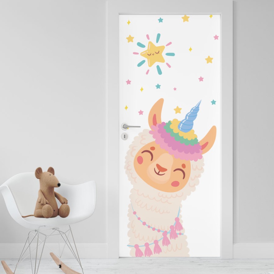 Vinilo puerta infantil llama unicornio