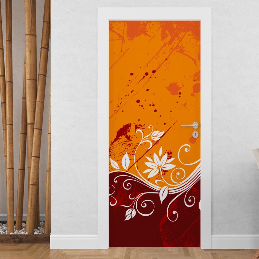Vinilo para puerta flores naranja