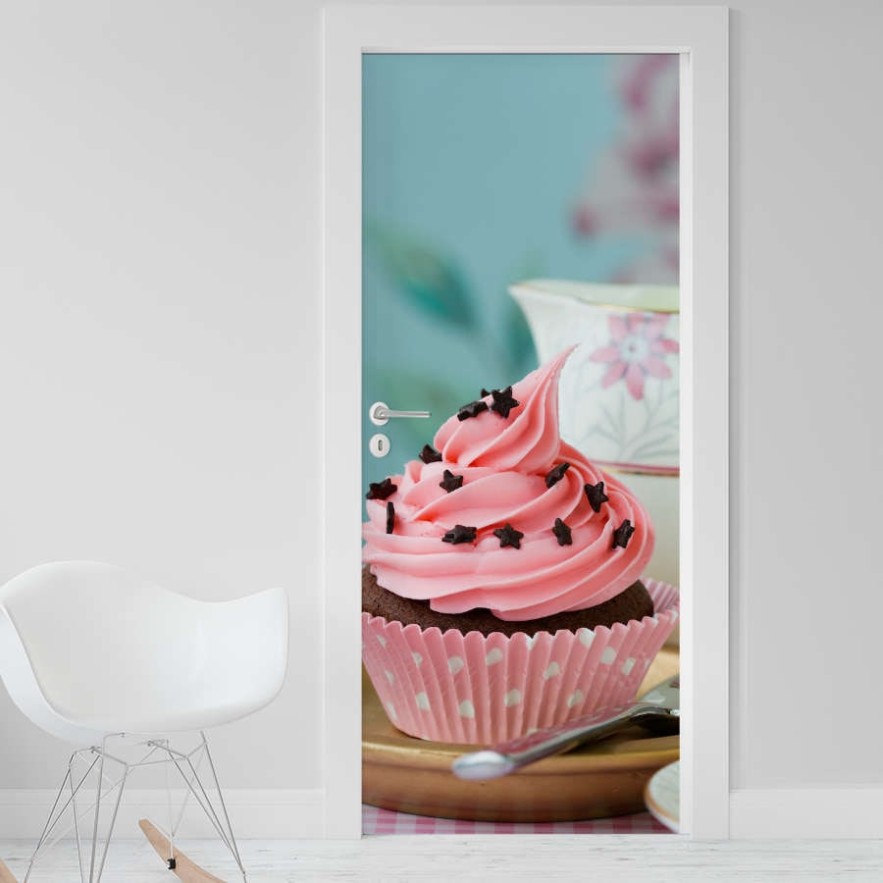 Vinilo para puerta cupcakes con té