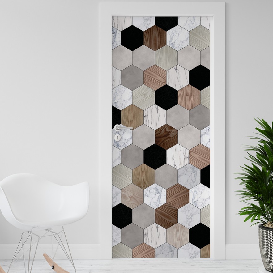 Vinilo para puerta hexágonos madera