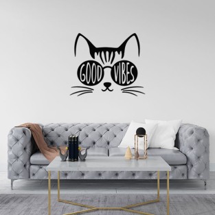 Vinilos decorativos y adhesivos de gatos gafas de sol con frase good vibes