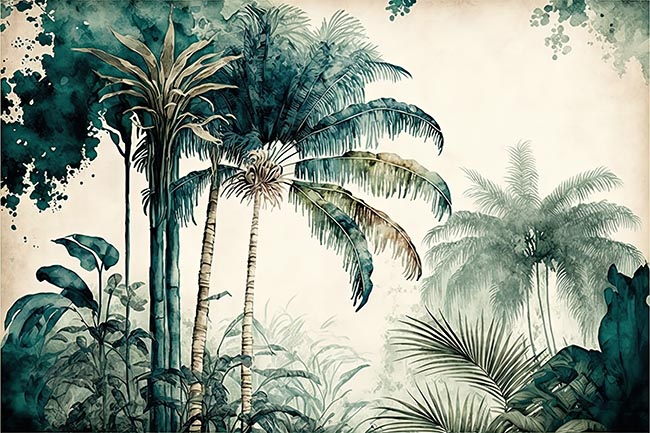 Papel pintado o fotomural dibujo selva tropical en acuarela