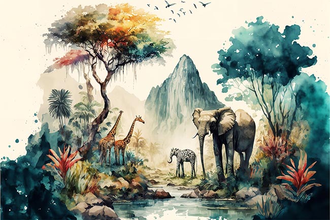 Fotomural acuarela paisaje sabana elefantes