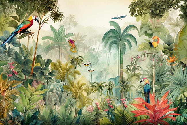 Papel pintado o fotomural selva tropical aves y guacamayos