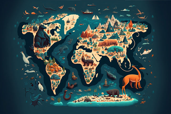 Fotomural o papel pintado mapamundi con ilustración animales