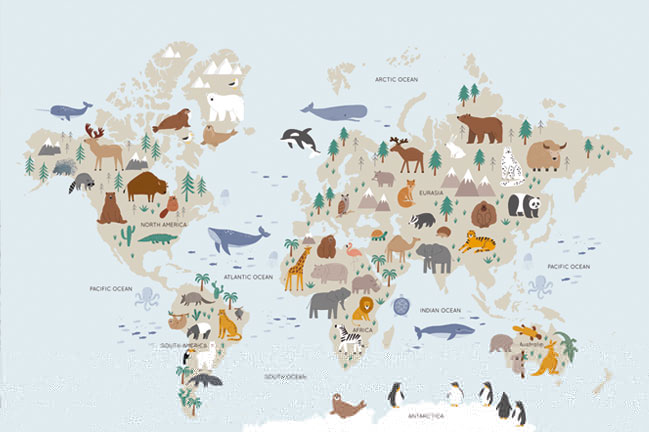Papel pintado o fotomural  mapa infantil con animales