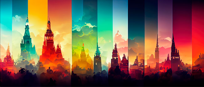 Papel pintado siluetas monumentos y catedrales coloridos