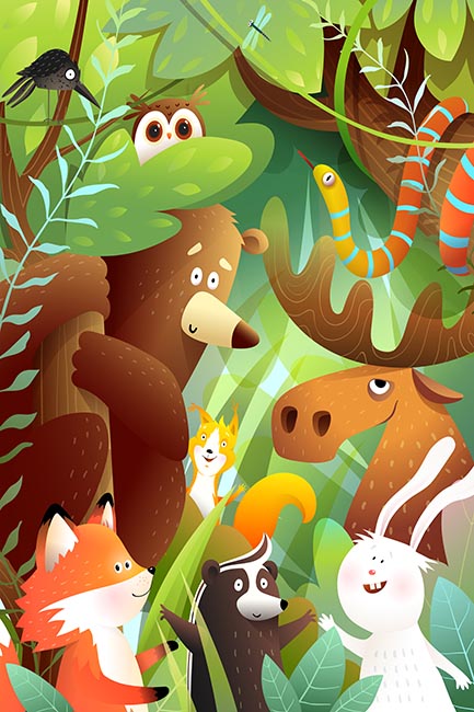 Papel pintado o fotomural dibujos animales en bosque infantil