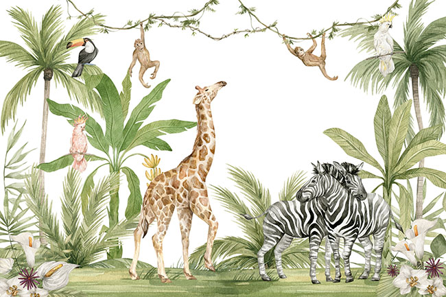 Papel pintado o fotomural paisaje tropical jirafa cebra tucán monos