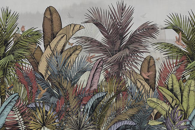 Fotomural o papel pintado dibujo vinatge plantas y colibríes
